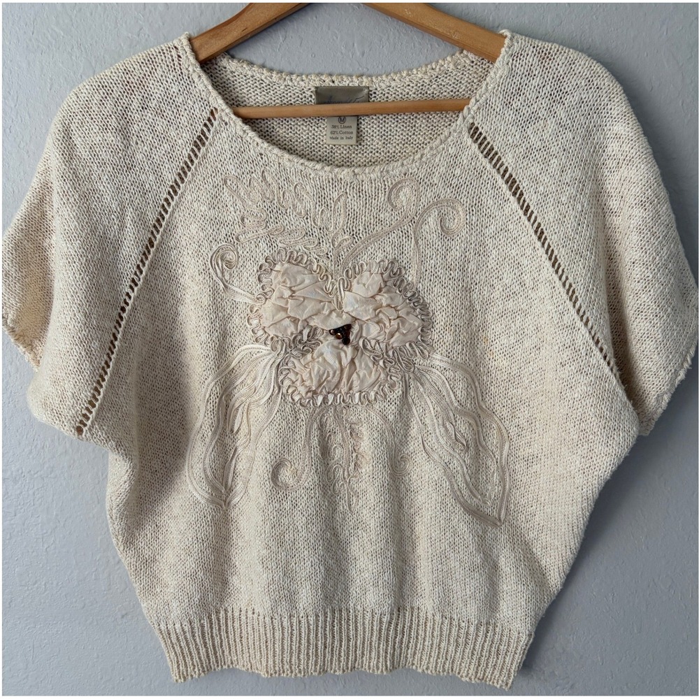 Vintage Ann Wi Womens Linen Cotton Beaded Sweater Top M Embroidered Floral Knit